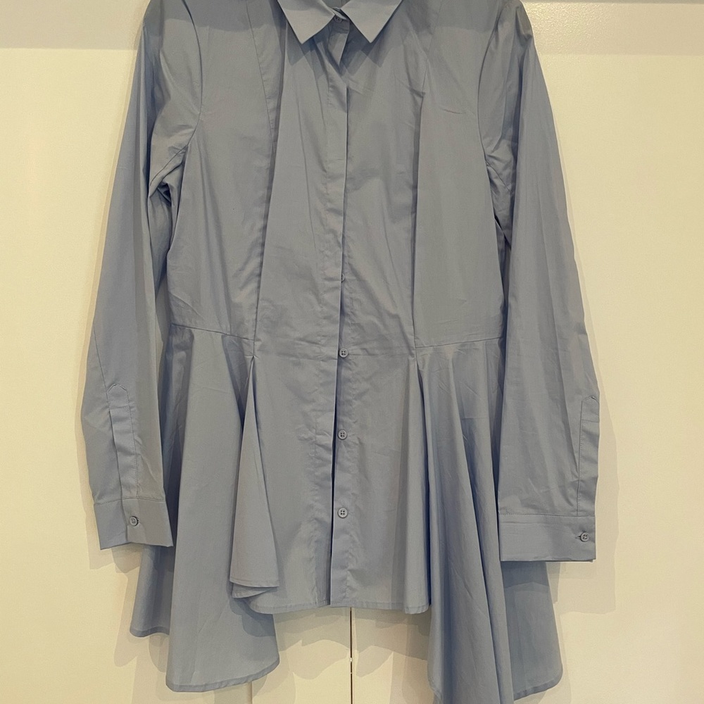 Blue structured button down with sculptural skirt hem NWT